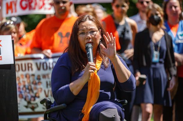 PHOTO: Sen. Tammy Duckworth speaks at a rally held by March Fourth near the U.S. Capitol in Washington, July 13, 2022, calling for universal background checks for guns and an assault weapons ban in the wake of continued mass shootings. (Bryan Olin Dozier/NurPhotovia Shutterstock)