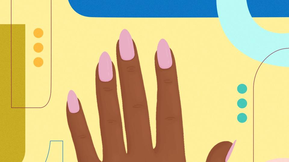 Illustration of a hand with almond-shaped pink nails against a yellow background