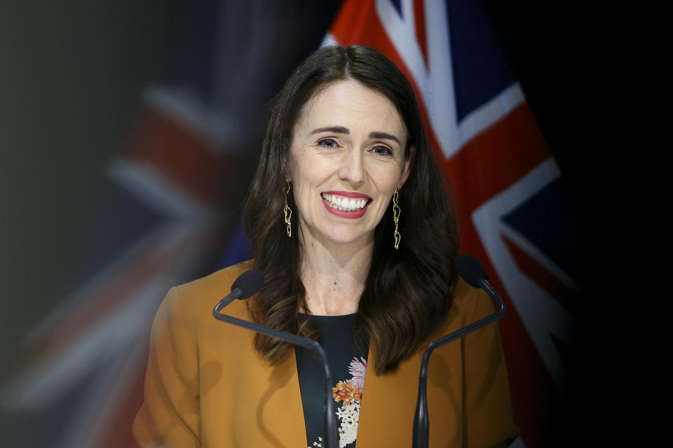 WELLINGTON, NEW ZEALAND - JUNE 08: Prime Minister Jacinda Ardern speaks to media during a post cabinet press conference at Parliament on June 08, 2020 in Wellington, New Zealand. Prime Minister Jacinda Ardern announced that New Zealand will move to COVID-19 Alert Level 1 at midnight on June 8. Alert Level 1 will see people return to work, school, sports events and domestic travel without restrictions. There will also no longer be any restrictions on numbers at mass gatherings. Controls at the borders will remain in place for all people entering New Zealand, including health screening and testing for all arrivals, and mandatory 14-day managed quarantine or isolation. There are no longer any active cases of COVID-19 in New Zealand. (Photo by Hagen Hopkins/Getty Images)