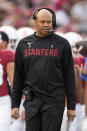 Stanford head coach David Shaw looks on from the sidelines as he watches the action during the second half against UCLA in an NCAA college football game Saturday, Sept. 25, 2021, in Stanford, Calif. (AP Photo/Tony Avelar)