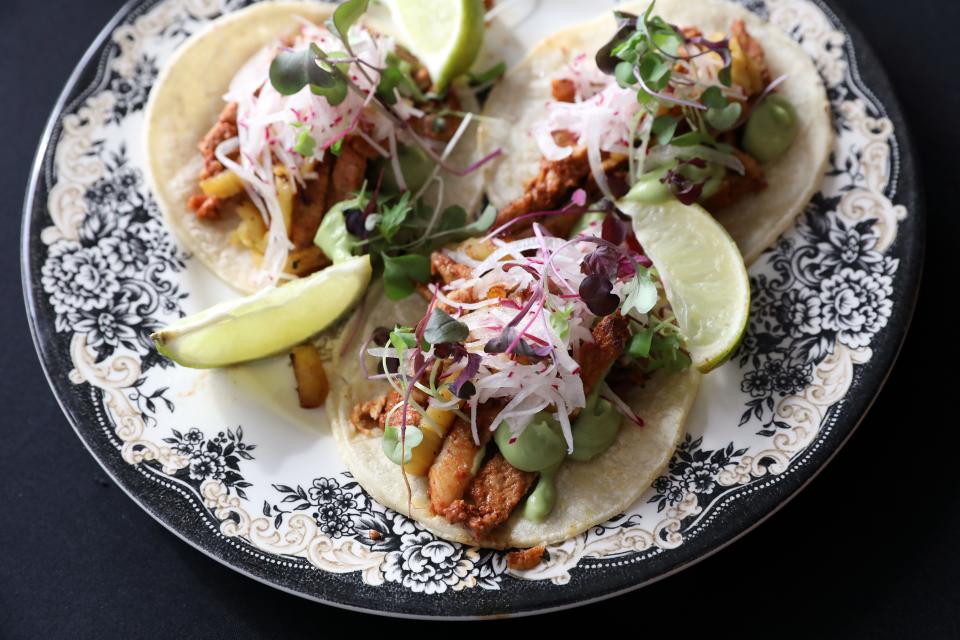 Al pastor tacos (pork marinated in achiote rub and pineapple) at La Catrina of Westchester in Croton-on-Hudson Feb. 24, 2022. The modern Mexican restaurant combines traditional recipes and cooking techniques with a hybrid of flavors.