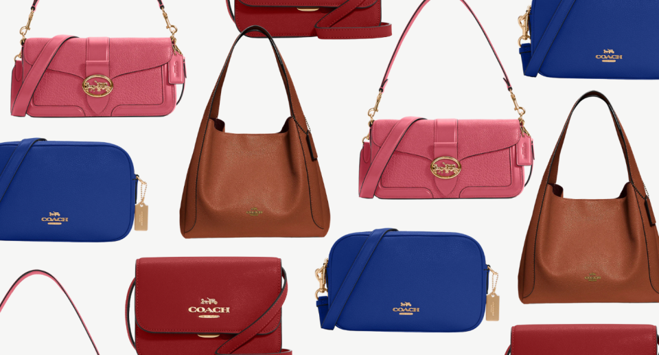 coach outlet bags in blue, pink, red and brown
