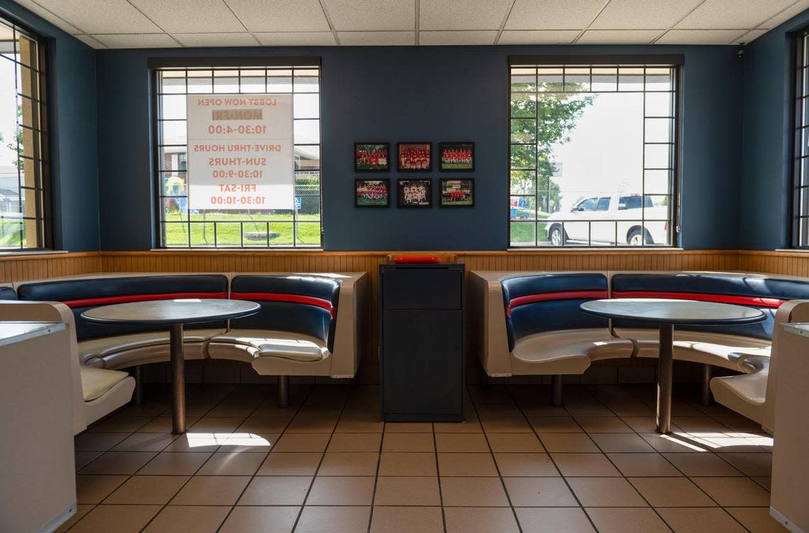 The booths were empty at the HiBoy on Gudgell Road after a recent Wednesday lunch rush. Larry Comer opened this restaurant in 2000, but the small Independence burger chain dates back to 1957.