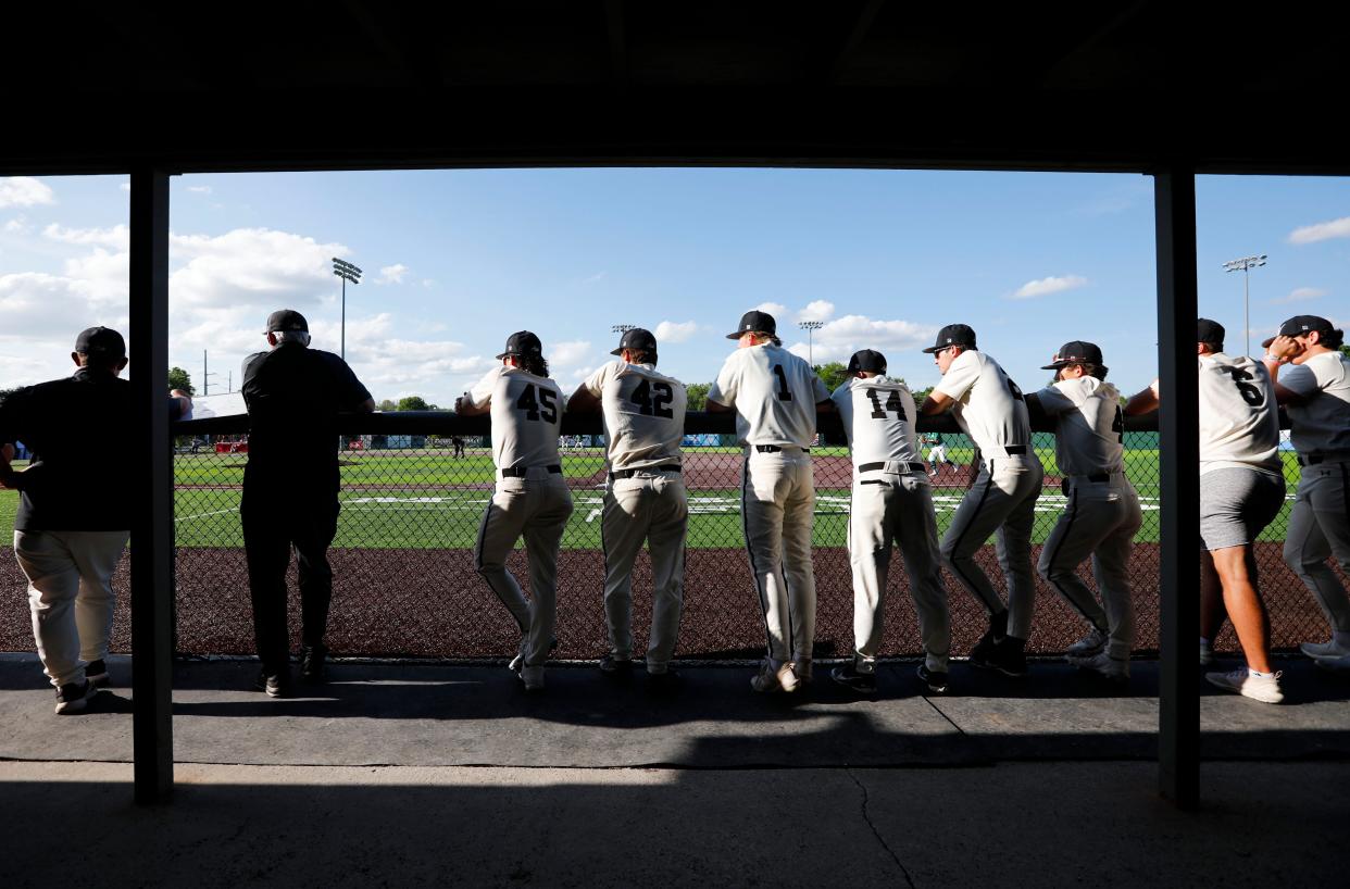 Willard Baseball coaches and players watch from the dugout as they take on the Springfield Catholic Fightin' Irish on Wednesday, May 1, 2024.