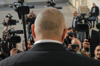 Bulgarian former Prime Minister Boiko Borisov, leader of the center-right GERB party, speaks to the media after casting his vote in Sofia, Bulgaria, Sunday, March 26, 2017. Bulgarians are heading to the polls for the third time in four years in a snap vote that could tilt the European Union's poorest member country closer to Russia as surveys put the GERB party neck-and-neck with the Socialist Party. (AP Photo/Vadim Ghirda)