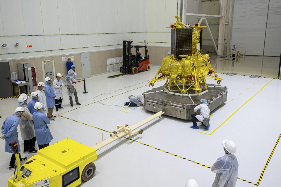 In this photo released by the Roscosmos State Space Corporation, the moon lander Luna-25 automatic station is seen inside a plant shop at the Vostochny Cosmodrome in the Russia's Far East, on Wednesday, July 26, 2023. Russia's Luna-25 spacecraft crashed into the moon after it spun into an uncontrolled orbit, the country's Roscosmos space agency said Sunday, Aug. 20, 2023. (Centre for Operation of Space Ground-Based Infrastructure-Roscosmos State Space Corporation via AP)