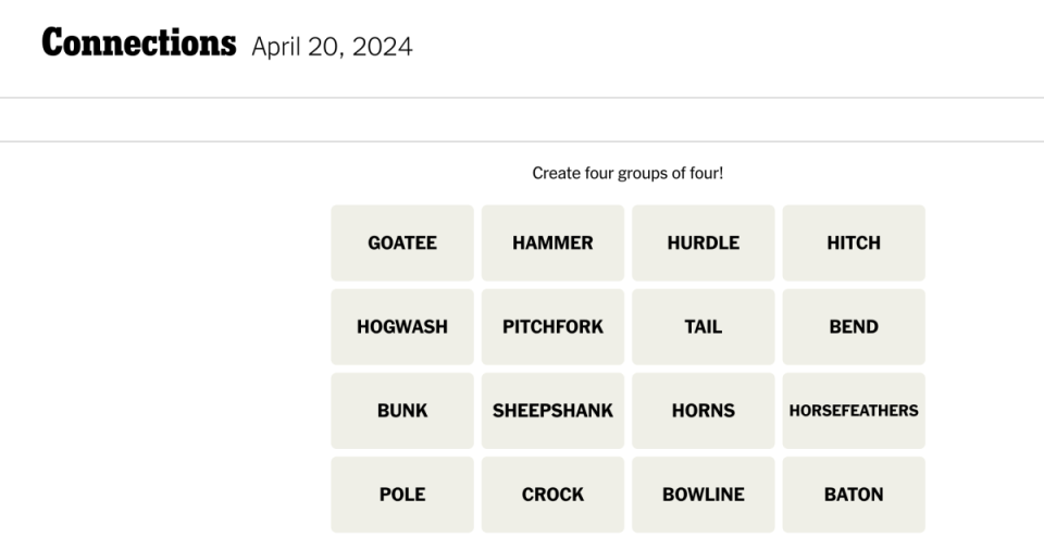 <em>Today's NYT Connections puzzle for Saturday, April 20</em><em>, 2024</em><p>New York Times</p>