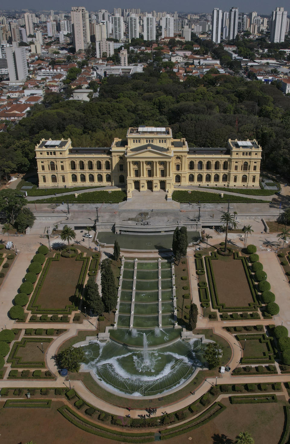 The Paulista Museum, known by Brazilians as the Ipiranga Museum is seen from above Independence park in Sao Paulo, Brazil, Thursday, Sept. 1, 2022. After nearly a decade of renovations, the museum founded in 1895 by a creek where emperor Pedro I declared the nation's independence from Portugal is reopening as part of the country's bicentennial celebrations. (AP Photo/Andre Penner)