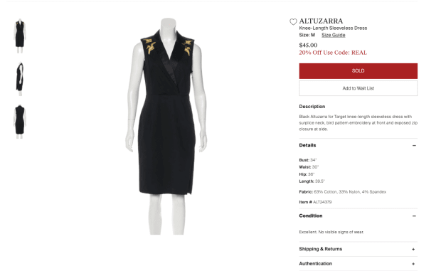 <em>An Altuzarra for Target dress </em><em>listed on The RealReal as of June 24, 2019</em><em>. Photo: Screenshot/Fashionista</em>