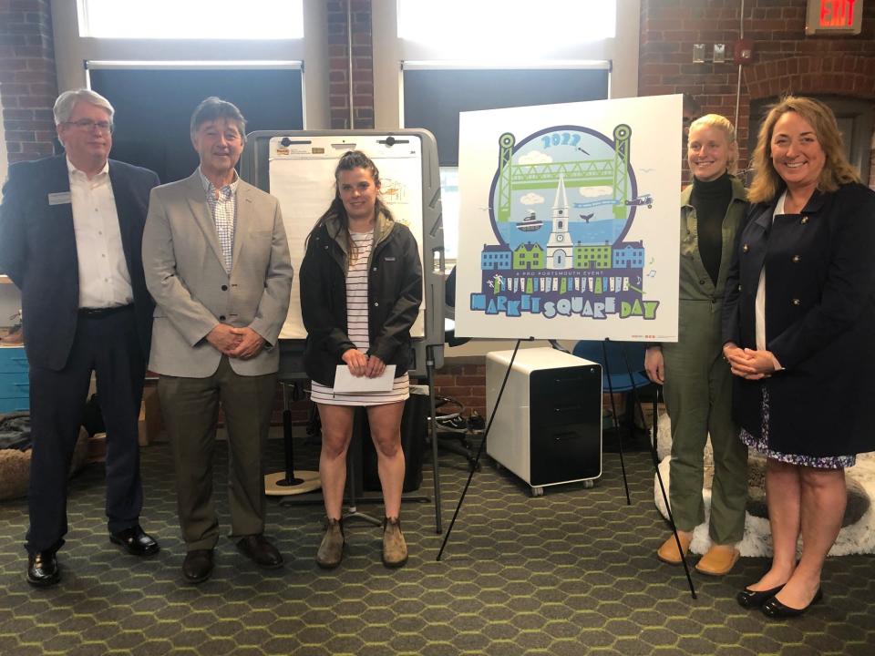 At the unveiling of this year's Market Square Day logo are representatives of sponsoring businesses from left to right, Sean McCarthy of People's United Bank, Dr. William Sutherland of Atlantic Orthopedics, winning artist Kelly Goodwin, Christina Haack of Duckfeet USA, and Kim Heintzelman of People's United Bank.