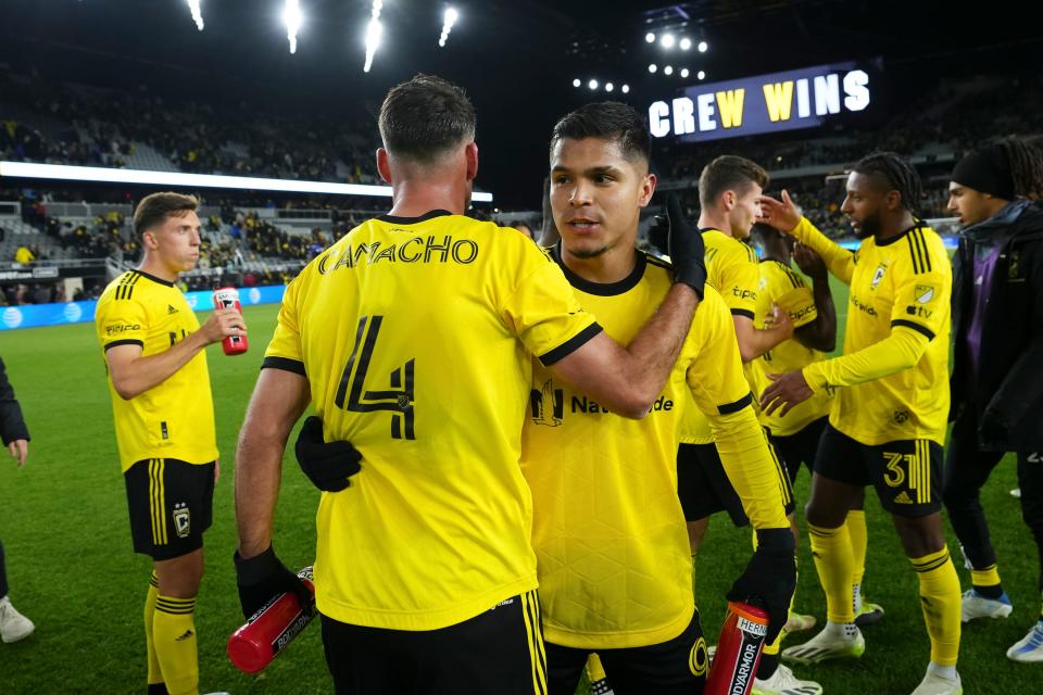 Nov 1, 2023; Columbus, Ohio, USA; Columbus Crew forward Cucho Hernandez (9) celebrates with defender Rudy Camacho (4) following their 2-0 win over Atlanta United in the first round MLS Cup Playoffs matchup at Lower.com Field.