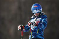 United States' Mikaela Shiffrin waits prior to the start of a women's giant slalom, at the alpine ski World Championships in Cortina d'Ampezzo, Italy, Thursday, Feb. 18, 2021. (AP Photo/Gabriele Facciotti)