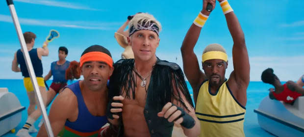 <em>Kingsley Ben-Adir, left, with Ryan Gosling and Ncuti Gatwa as Kens in "Barbie" (2023)</em><p>Warner Bros.</p>