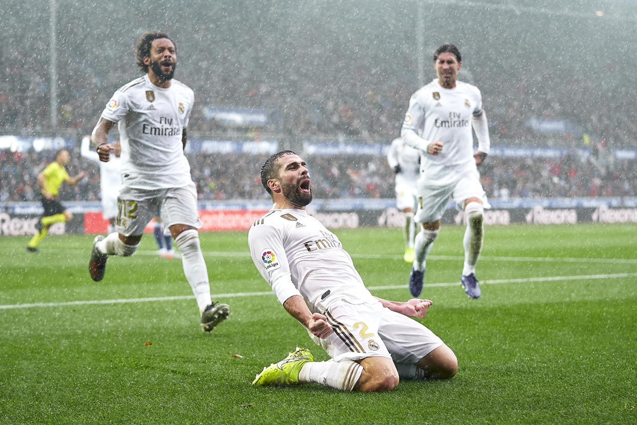 VITORIA-GASTEIZ, SPAIN - NOVEMBER 30: Daniel Carvajal of Real Madrid CF celebrates their team's second goal during the Liga match between Deportivo Alaves and Real Madrid CF at Estadio de Mendizorroza on November 30, 2019 in Vitoria-Gasteiz, Spain. (Photo by Quality Sport Images/Getty Images)