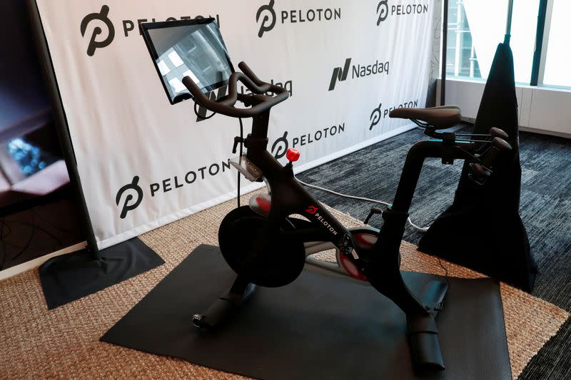 FILE PHOTO: A Peloton exercise bike is seen after the ringing of the opening bell for the company's IPO at the Nasdaq Market site in New York City