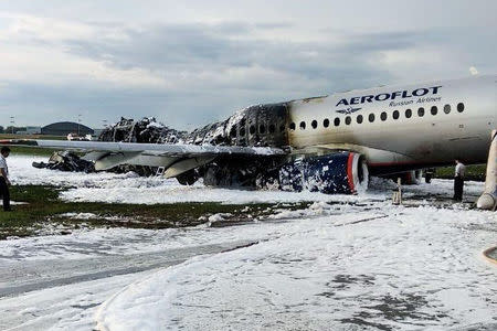 A view shows a damaged Aeroflot Sukhoi Superjet 100 passenger plane after an emergency landing at Moscow's Sheremetyevo airport, Russia May 5, 2019. Picture taken May 5, 2019. City News "Moskva"/Handout via REUTERS