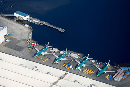 An aerial photo shows Boeing 737 MAX airplanes parked on the tarmac at the Boeing Factory in Renton, Washington, U.S. March 21, 2019. REUTERS/Lindsey Wasson