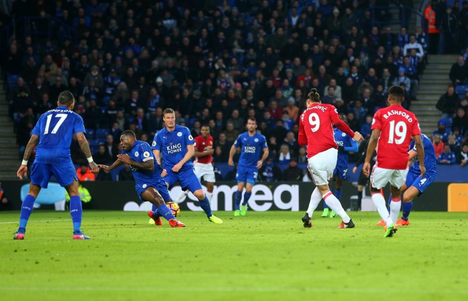 <p>Zlatan Ibrahimovic of Manchester United scores a goal to make it 0-2 during the Premier League match between Leicester City and Manchester United at The King Power Stadium on February 5, 2017 in Leicester, England. </p>