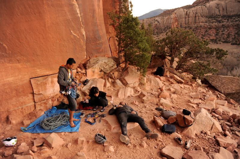 Rock climbers take a break near the Indian Creek area of Bears Ears, New Mexico