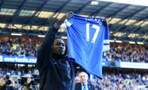 Everton's Romelu Lukaku is paraded before the Barclays Premier League match at Goodison Park, Liverpool.