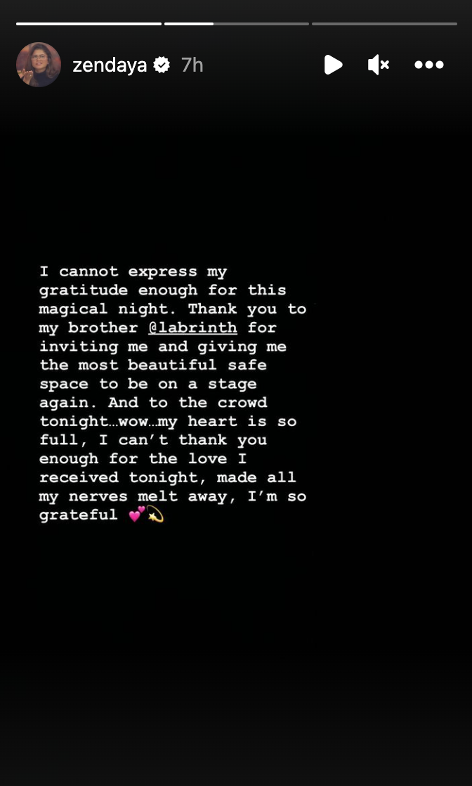 Zendaya expresses her gratitude after her surprise Coachella performance. (Instagram/Zendaya)