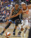 Connecticut Sun center Brionna Jones pressures Chicago Sky center Azura Stevens during a WNBA semifinal playoff basketball game, Tuesday, Sept. 28, 2021, at Mohegan Sun Arena in Uncasville, Conn. (Sean D. Elliot/The Day via AP)