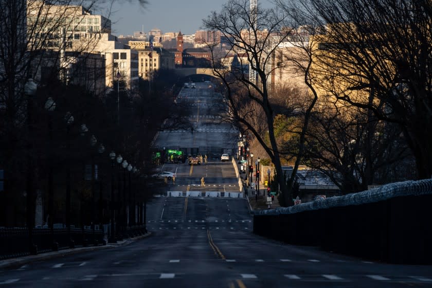 WASHINGTON, DC - JANUARY 16:An empty independence ave., on Saturday, Jan. 16, 2021 in Washington, DC. After last week's riots and security breach at the U.S. Capitol Building, the FBI has warned of additional threats in the nation's capital and across all 50 states. (Kent Nishimura / Los Angeles Times)