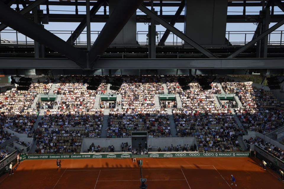 View of Suzanne Lenglen court where Argentina's Diego Schwartzman, right, and Greece's Stefanos Tsitsipas, left, play their third round match of the French Open tennis tournament at the Roland Garros stadium in Paris, Friday, June 2, 2023. (AP Photo/Jean-Francois Badias)