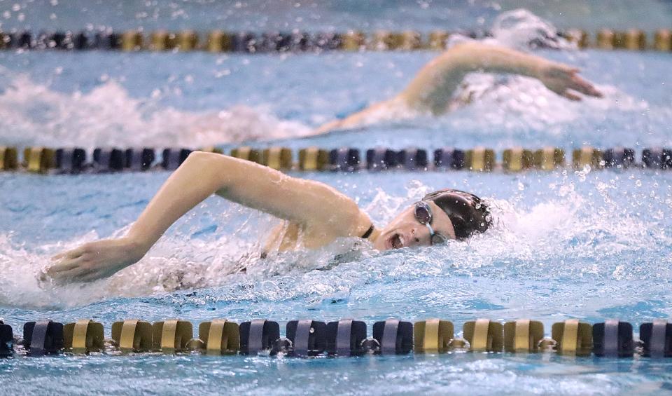 Marlington's Claire Cox swims the 100-yard freestyle in the Division II sectionals, Friday, Feb. 10, 2023, at the University of Akron.