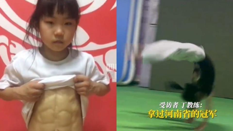  河南省小學二年級的8歲女童棲棲， 近期因一段肌肉影片爆紅。（圖／截自微博） 