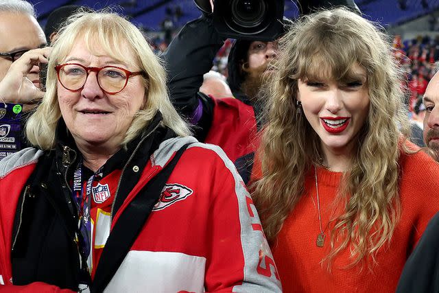 <p>Patrick Smith/Getty</p> Donna Kelce and Taylor Swift in Jan. 2024