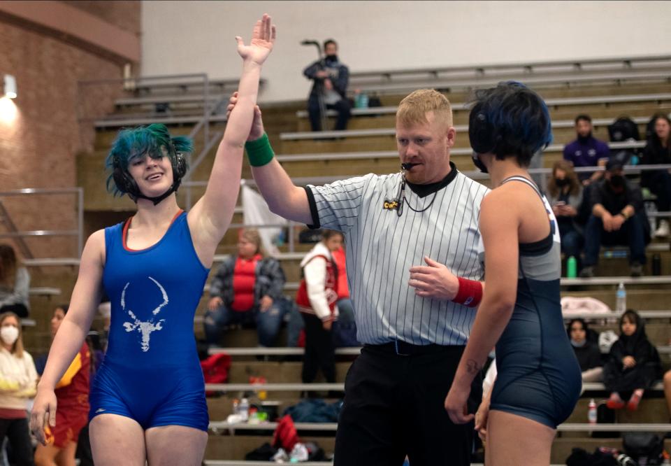 Poudre's Abbigail Smith defeats Roxie Rodriguez-Benab of Pueblo Central to win the girls 136-pound match on Saturday at Poudre High School.