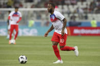 <p>England’s Raheem Sterling warms up prior to the start of the match (AP) </p>