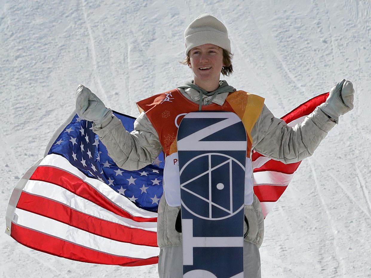 Red Gerard, of the United States, smiles after winning gold in the men’s slopestyle final at Phoenix Snow Park at the 2018 Winter Olympics in Pyeongchang, South Korea, Sunday, Feb. 11, 2018. (AP Photo/Lee Jin-man)