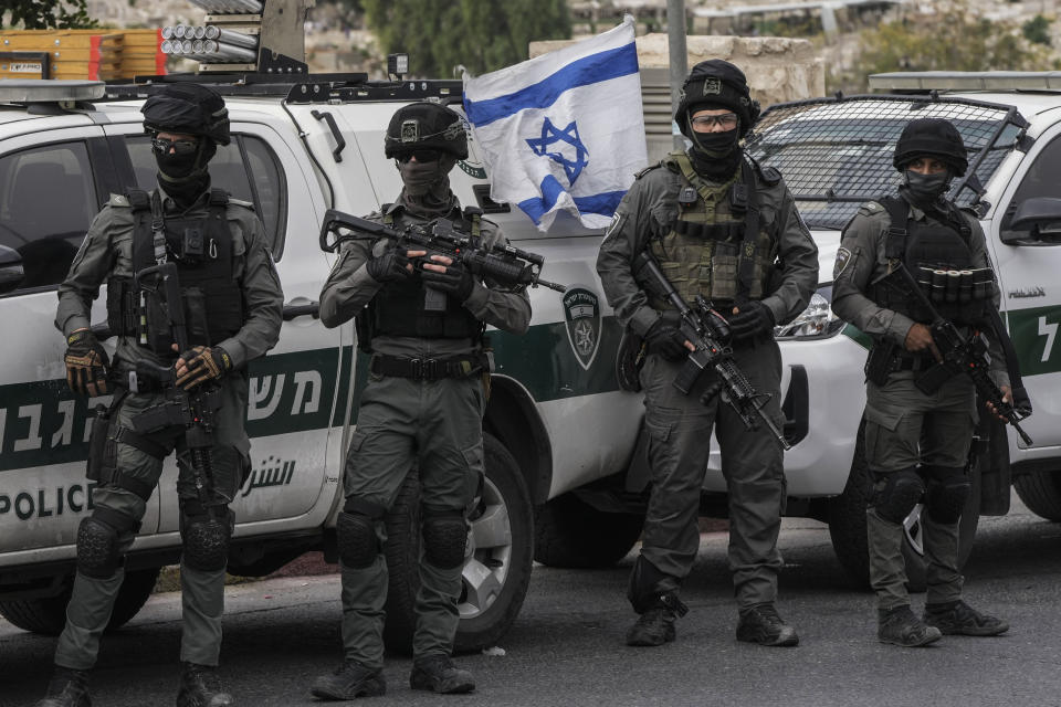 Israeli border police stand outside Jerusalem's Old City during Friday's prayers, Oct. 27, 2023. (AP Photo/Mahmoud illean)