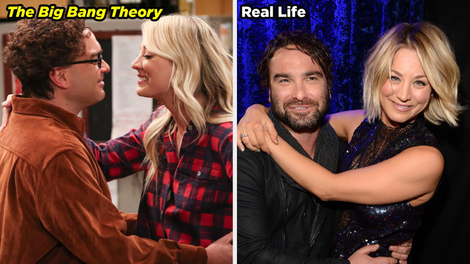 Kaley Cuoco and Johnny Galecki sharing a scene in The Big Bang Theory and hugging each other as a real-life couple