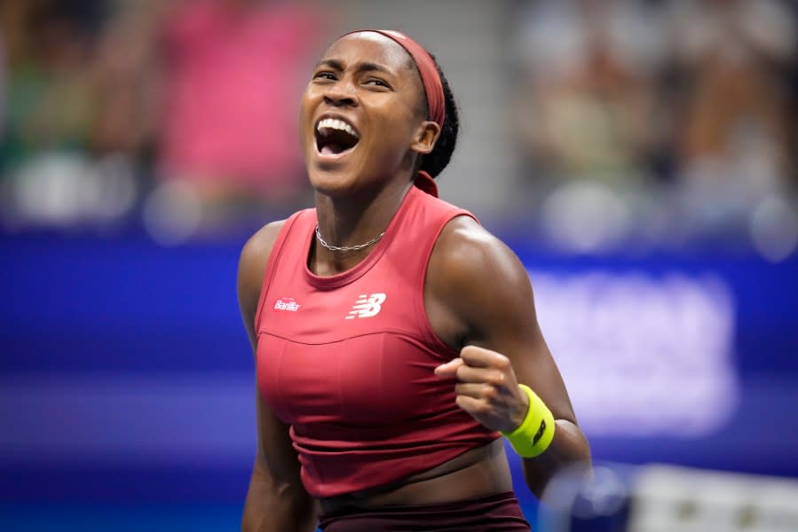 Coco Gauff, of the United States, reacts during a match against Aryna Sabalenka, of Belarus, during the women’s singles final of the U.S. Open tennis championships, Saturday, Sept. 9, 2023, in New York. (AP Photo/Charles Krupa)