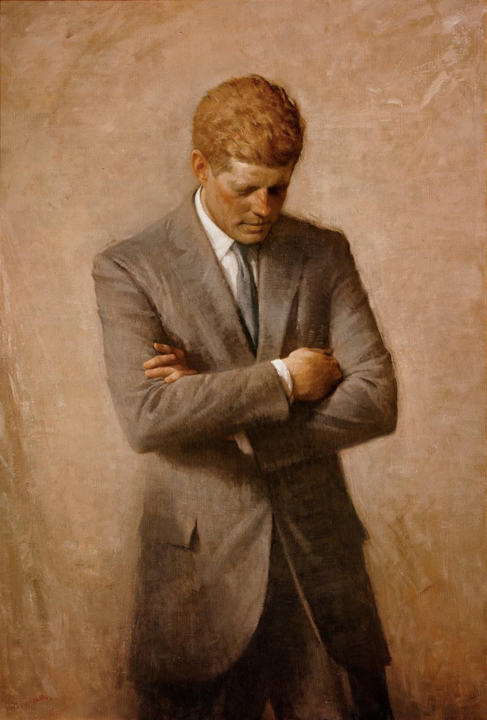 This oil on canvas portrait of President John F. Kennedy was painted by Aaron Shikler and is his official White House portrait.