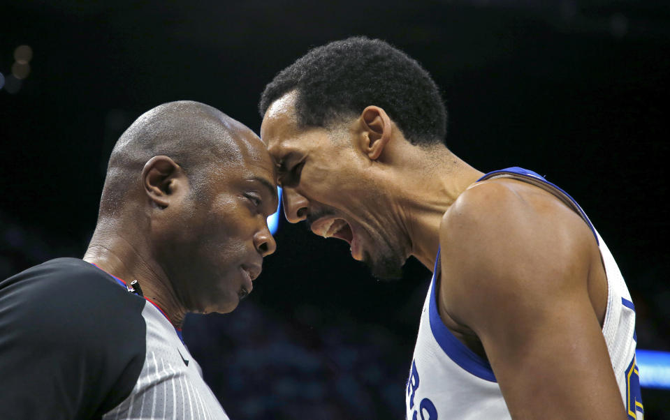 Referee Courtney Kirkland and Warriors guard Shaun Livingston butted heads earlier this season. (AP)