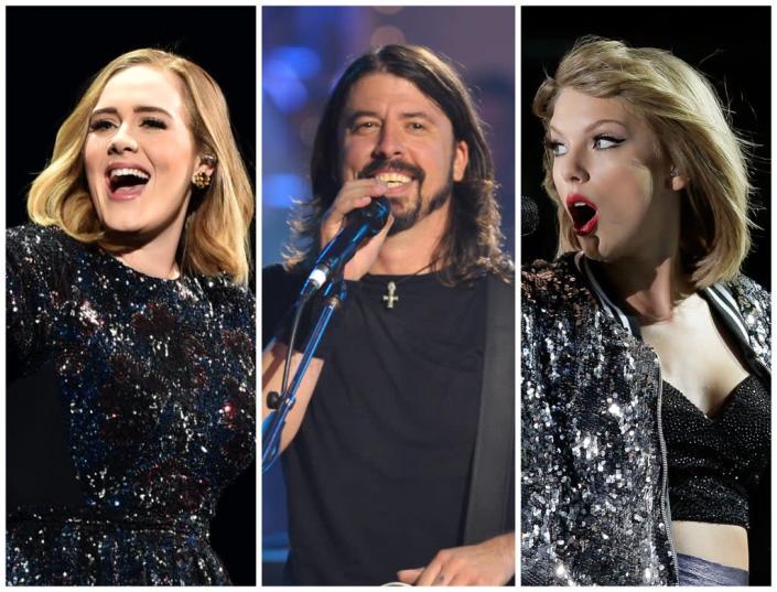 LR : Adele, Dave Grohl et Taylor Swift ont tous confondu les fans avec certaines de leurs paroles (Getty)