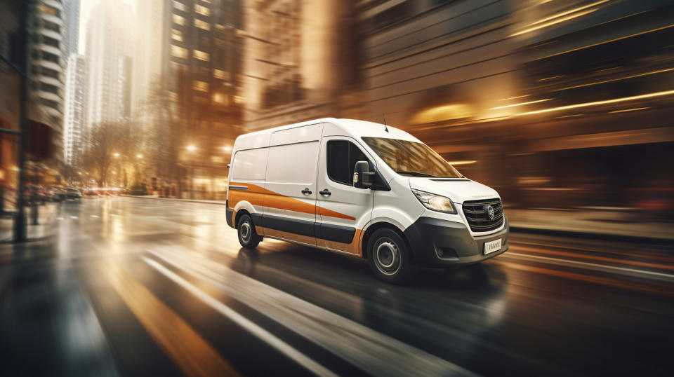 A delivery man driving a van in metropolitan city, carrying last-mile delivery services of the company.