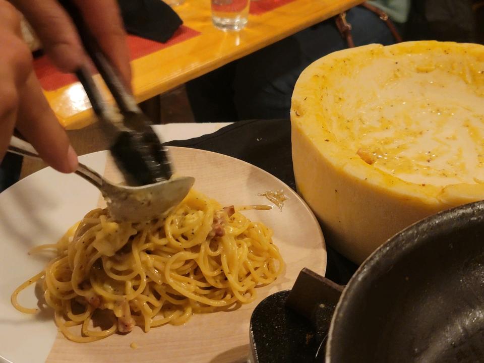 Carbonara pasta in a pecorino cheese wheel. One of the many traditional Italian dishes by chef Antonello Zito of the soon-to-be-opened Osteria Palmina restaurant in Palm Springs.