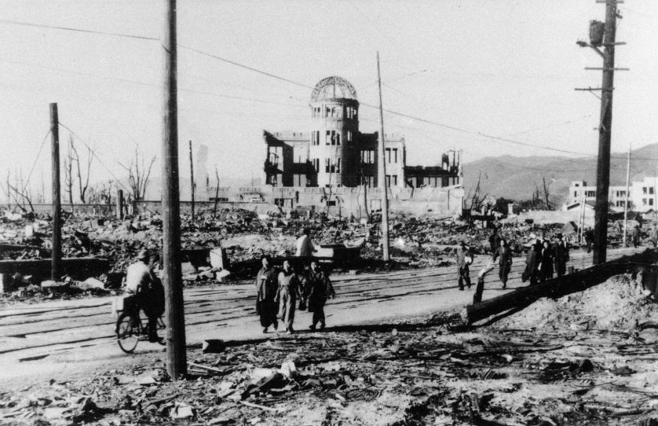 An area around the Sangyo-Shorei-Kan (Trade Promotion Hall) in Hiroshima is laid waste after an atomic bomb exploded within 100 meters of here in 1945.