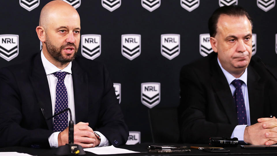 Todd Greenberg and Peter V'landys, pictured here speaking to the media in Sydney. 