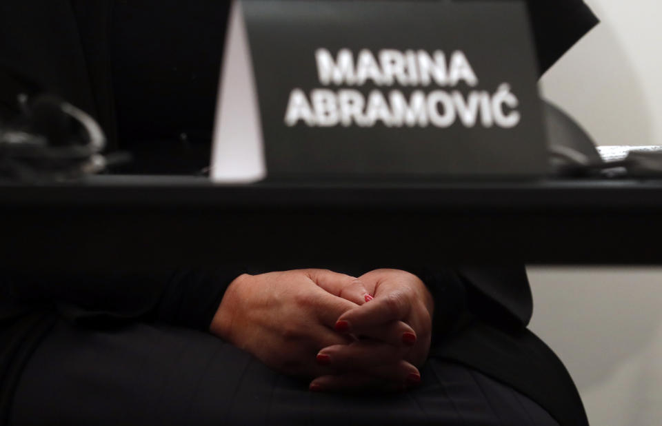 Performance artist Marina Abramovic speaks during the press conference for the art exhibition "Marina Abramovic - The Cleaner" in the Museum of Contemporary Art in Belgrade, Serbia, Saturday, Sept. 21, 2019. Abramovic is displaying her work in her native Belgrade for the first time in 44 years and she says that returning home has been highly emotional. (AP Photo/Darko Vojinovic)