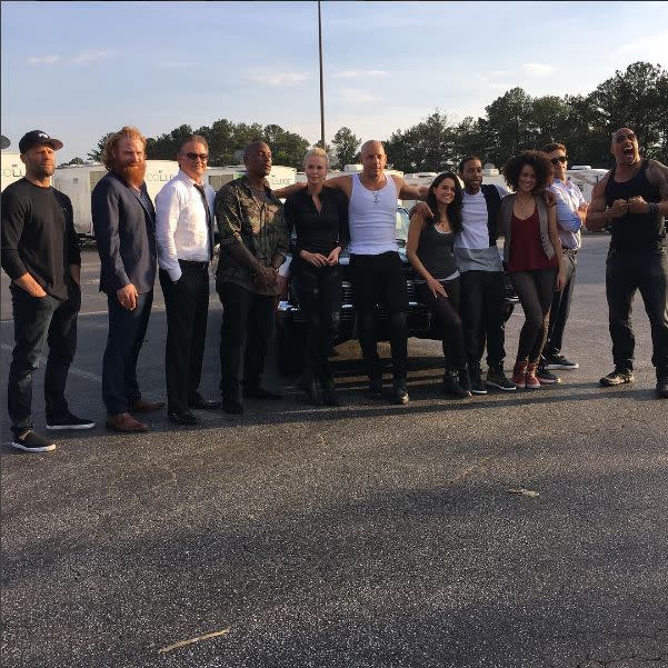 The ‘Fate of the Furious’ cast, from left: Jason Statham, Kristofer Hivju, Kurt Russell, Tyrese Gibson, Charlize Theron, Vin Diesel, Michelle Rodriguez, Ludacris, Nathalie Emmanuel, Scott Eastwood, and Dwayne Johnson. (Photo: <a href="https://www.instagram.com/p/BGPiG0LmPrE/?taken-by=vindiesel" rel="nofollow noopener" target="_blank" data-ylk="slk:Instagram;elm:context_link;itc:0;sec:content-canvas" class="link ">Instagram</a>)<br>