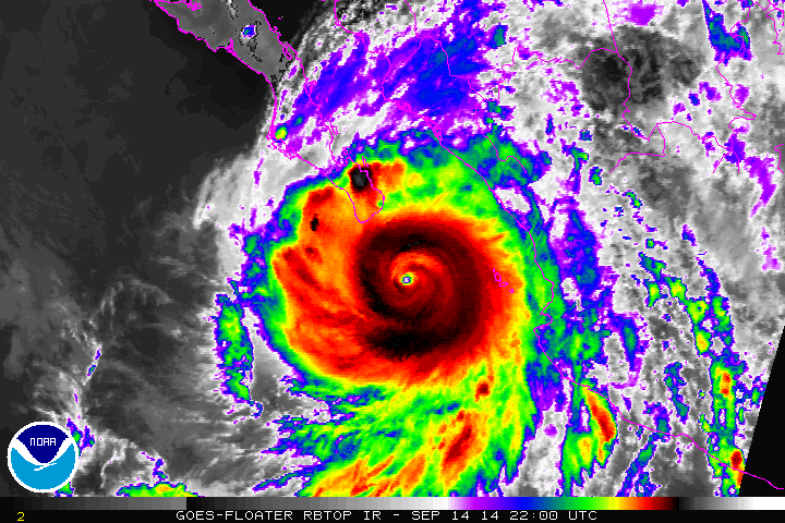 Hurricane Odile makes landfall in Mexico, September 2014. Wikimedia Commons.