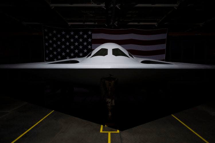 The B-21 bomber, shown in a promotional photograph by Northrop Grumman, was revealed Friday night. The sixth-generation plane will, in time, be stationed at Dyess Air Force Base.