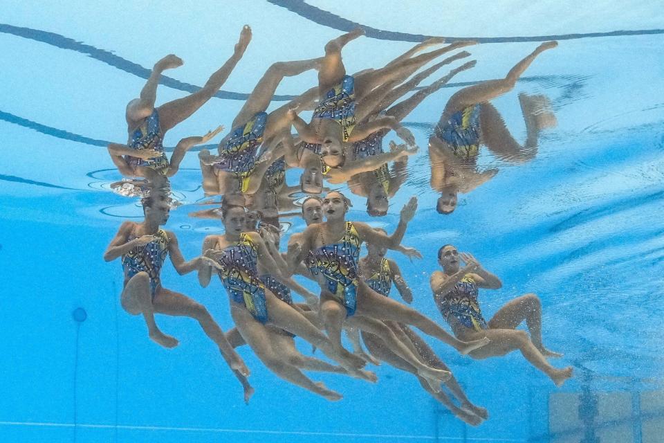 Greece team competes in the team technical of artistic swimming at the World Swimming Championships in Fukuoka, Japan, Sunday, July 16, 2023. (AP Photo/David J. Phillip)