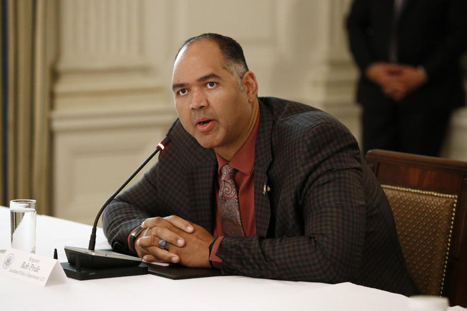 Sergeant Rob Pride of the Loveland, Colo., Police Department speaks during a roundtable discussion with President Donald Trump and law enforcement officials, Monday, June 8, 2020, at the White House in Washington. (AP Photo/Patrick Semansky)